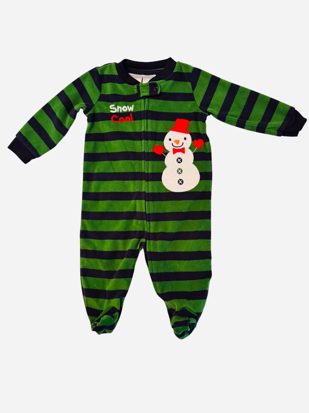 Koala Kids Green and Navy Striped Snowman Footie Pajamas 6M 4 0570